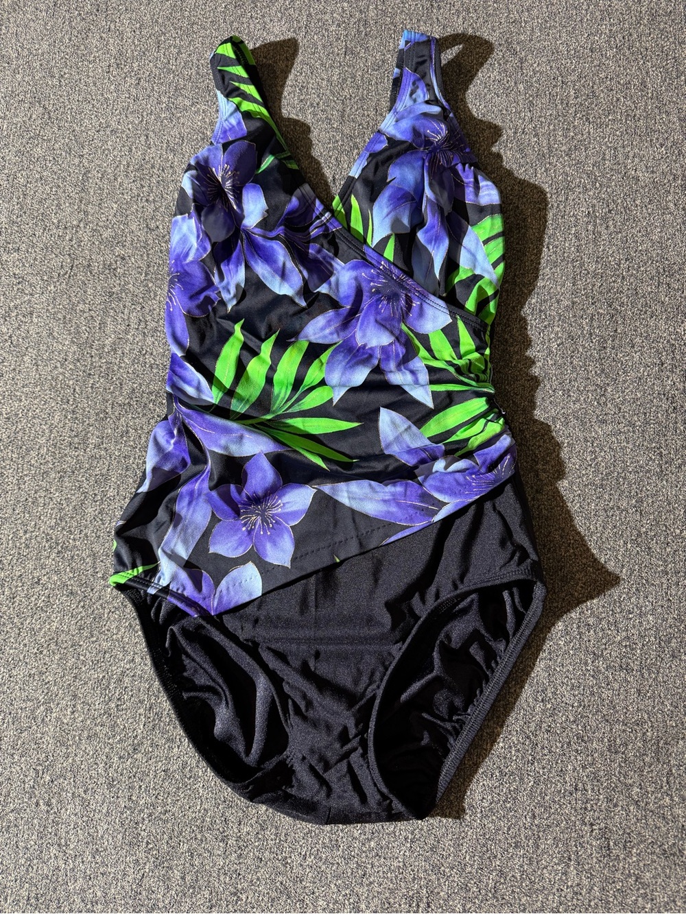 Longitude Floral One-Piece Swimsuit in Black with Purple & Green Print